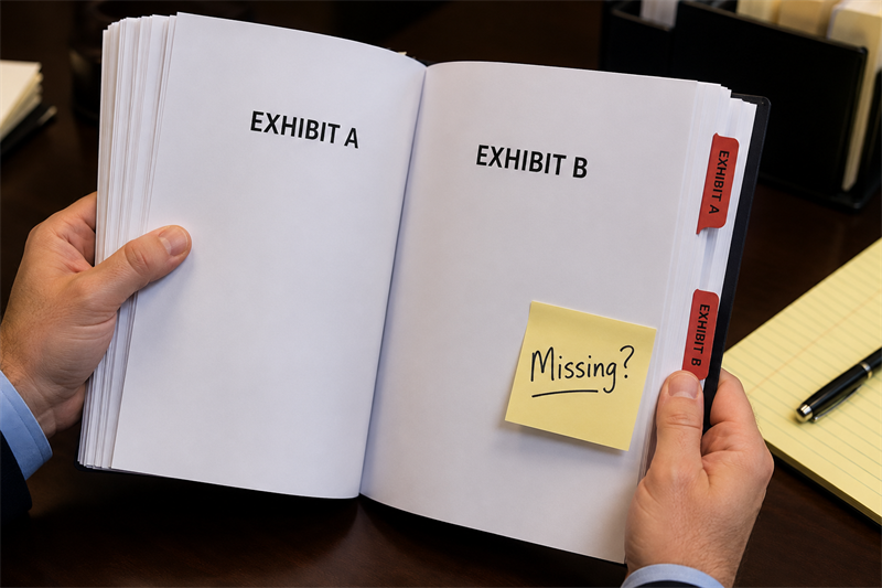Missing exhibits identified in legal documents before process service